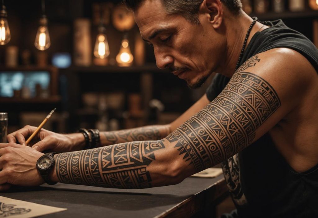 Image photoréaliste d'une main habile tatouant un design aztèque complexe sur un avant-bras, avec des symboles géométriques sacrés et un éclairage ambiant chaud mettant en valeur les détails.