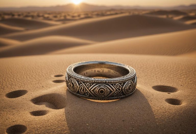 Plan rapproché photoréaliste d'une bague Touareg faite à la main reposant sur le sable texturé du désert, avec des gravures en argent détaillées reflétant la lumière dorée du coucher de soleil.