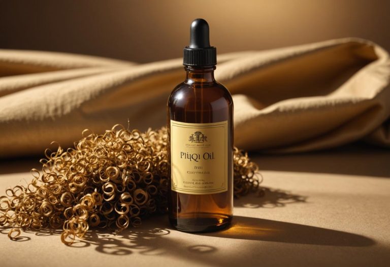 Image photoréaliste montrant une bouteille d'huile de piqui à côté de cheveux bouclés volumineux, éclairée par une lumière dorée, ambiance douce, mise au point nette.