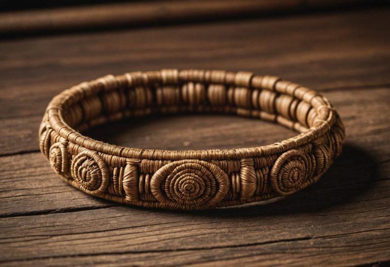 Image photoréaliste d'un bracelet traditionnel malgache tissé avec des fibres naturelles et décoré de gravures symboliques, posé sur une surface en bois texturé, éclairage ambiant chaud.