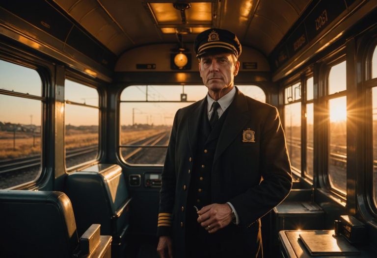 Image photoréaliste d'un conducteur de train debout dans la cabine, regardant les rails devant lui alors que le soleil couchant projette une lumière dorée sur la voie ferrée.
