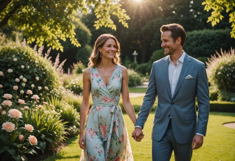 Image photoréaliste d'un couple élégamment habillé dans un jardin ensoleillé, la femme en robe pastel fluide et l'homme en costume chic, tous les deux souriants et se tenant par la main avec un éclairage ambiant doux.