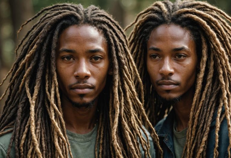 Image photoréaliste montrant des dreadlocks serrées se formant progressivement, avec des variations subtiles de texture et d'épaisseur, dans une lumière naturelle douce et des tons chauds.
