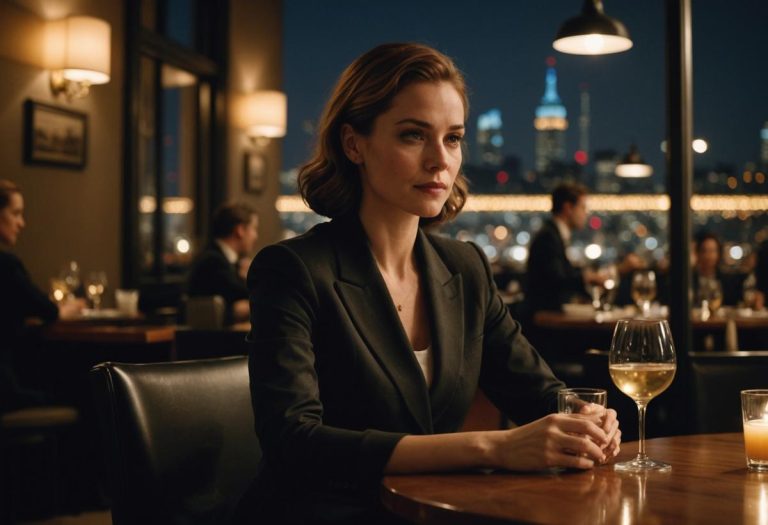 Image photoréaliste d'une femme élégamment habillée, assise seule à une table de restaurant peu éclairée, remuant son verre d'un air calme mais calculateur, avec des lumières de ville floues en arrière-plan.