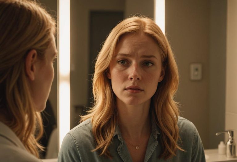 Image photoréaliste d'une femme aux cheveux blond-orange inégaux, regardant avec inquiétude son reflet dans un miroir, sous une lumière douce de salle de bain.