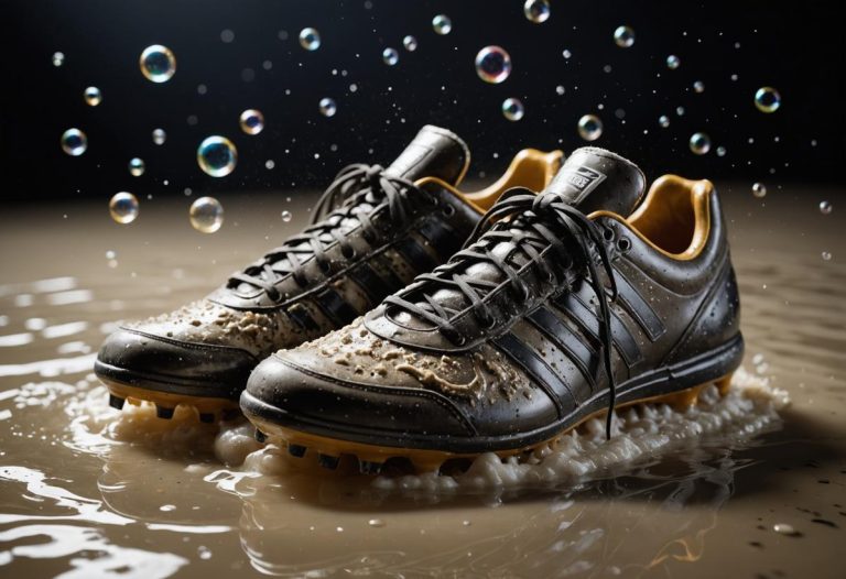 Image photoréaliste d'une paire de chaussures de football boueuses submergées dans de l'eau savonneuse avec des bulles et de la mousse.