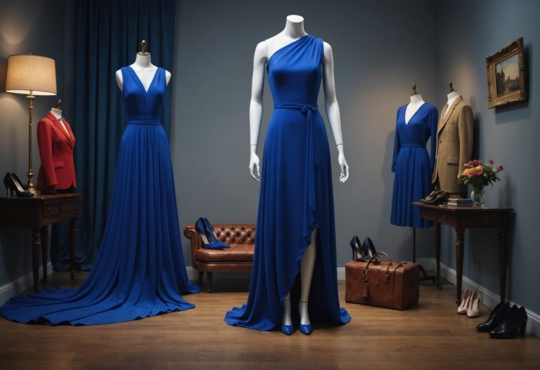 Image photoréaliste d'une robe bleu royal élégante drapée sur un mannequin entourée de chaussures de différentes couleurs, éclairage ambiant doux, mise au point nette.