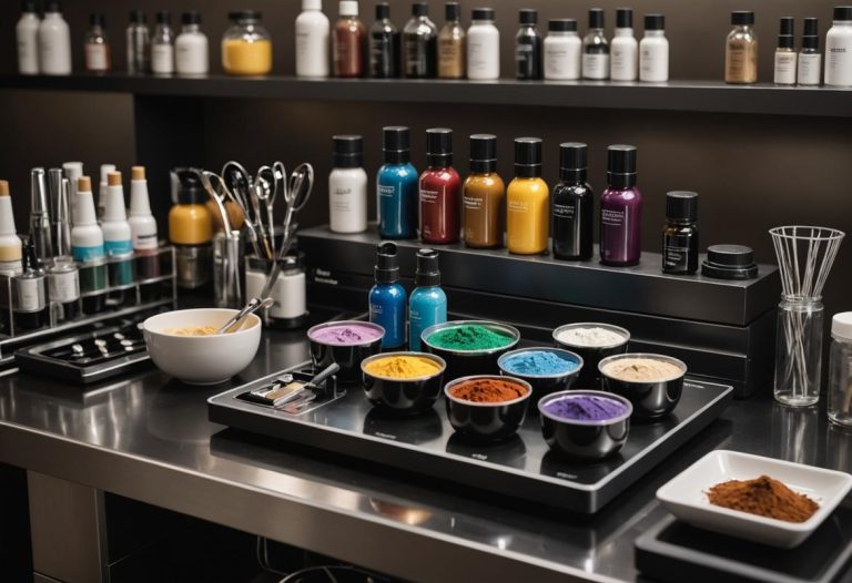 Image photoréaliste d'un poste de mélange de coloration pour cheveux avec un verre doseur contenant de la teinture Maïandra, une balance de précision, des bouteilles arrangées soigneusement et des outils de mélange, éclairage doux et détails précis.