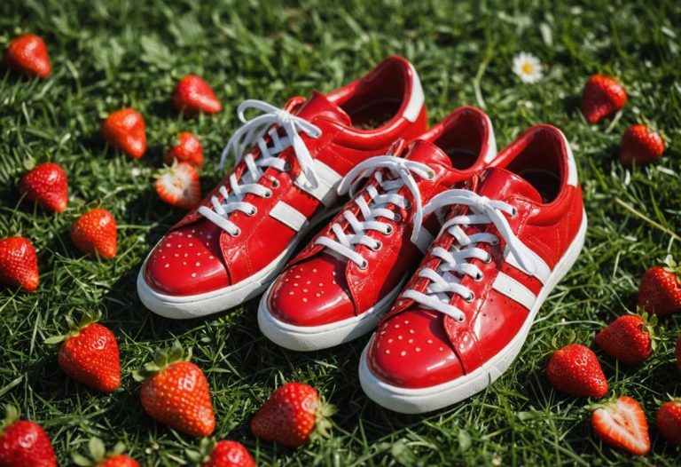 Image photoréaliste de baskets rouges avec texture de fraise brillante sur un champ herbeux avec des fraises éparpillées.