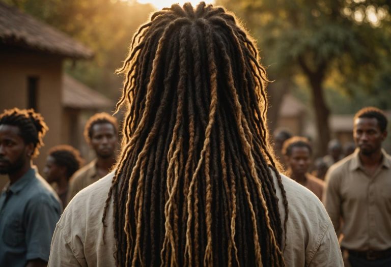 Image photoréaliste de dreadlocks épais et texturés tombant sur le dos d'une personne, éclairés par une lumière dorée douce.
