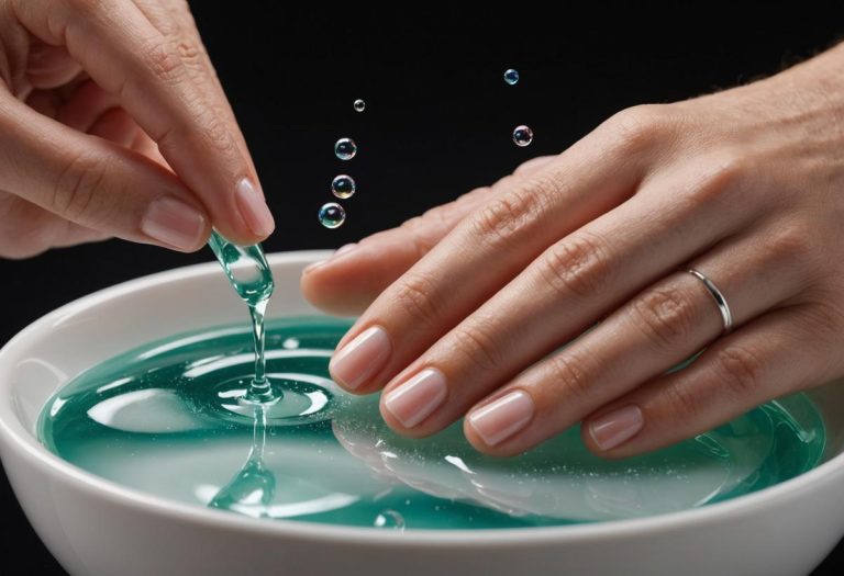Une image photoréaliste montrant des mains frottant doucement du savon sur du vernis semi-permanent avec de petites bulles sur les doigts, éclairage doux et détails précis.