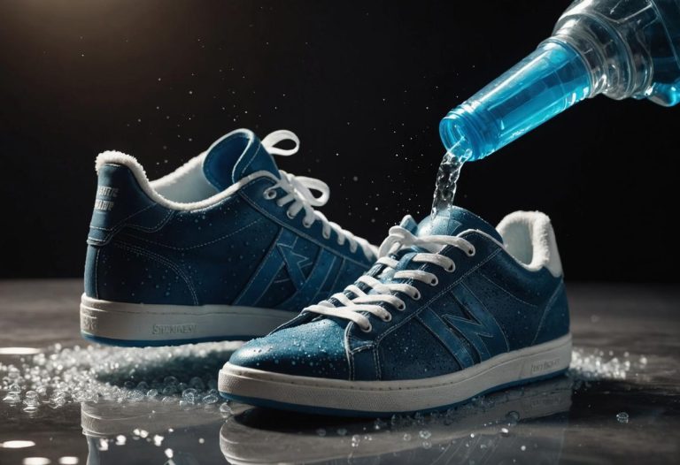 Image photoréaliste de baskets nettoyées avec un spray désinfectant, mousse et gouttes d'eau visibles, éclairage doux et mise au point nette.