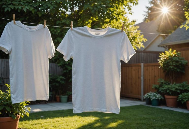Image photoréaliste d'un T-shirt blanc fraîchement lavé suspendu à une corde à linge dans un jardin ensoleillé, avec une légère vapeur verdâtre symbolisant une odeur désagréable.