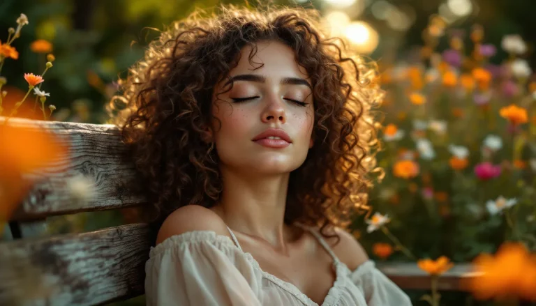 Femme contemplant le coucher de soleil, illuminée par la lumière dorée du soir.