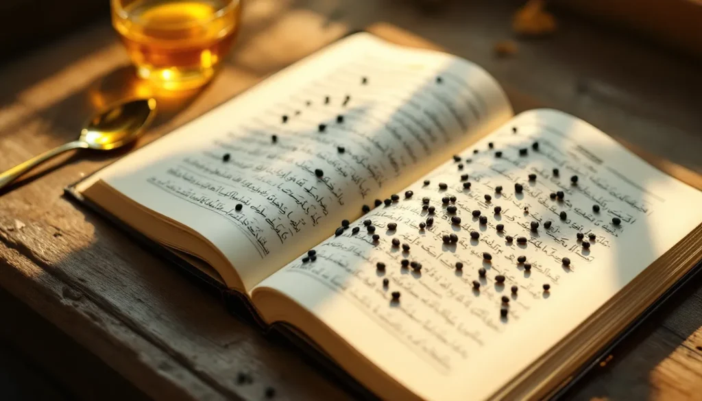 Graine de nigelle posée sur un livre du Coran, symbolisant la spiritualité et la guérison.