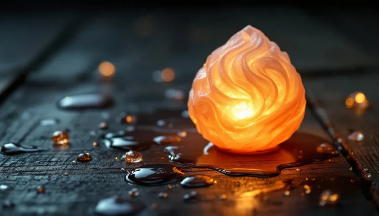 Lampe de sel illuminée dégageant une douce lumière sur une surface réfléchissante.