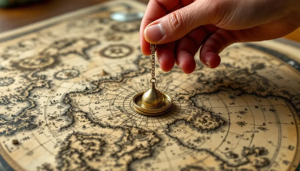 Pendule suspendu au-dessus d'une carte géographique.
