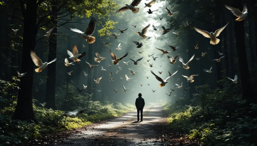 Des oiseaux volent au-dessus d'une forêt enveloppée de mystère.