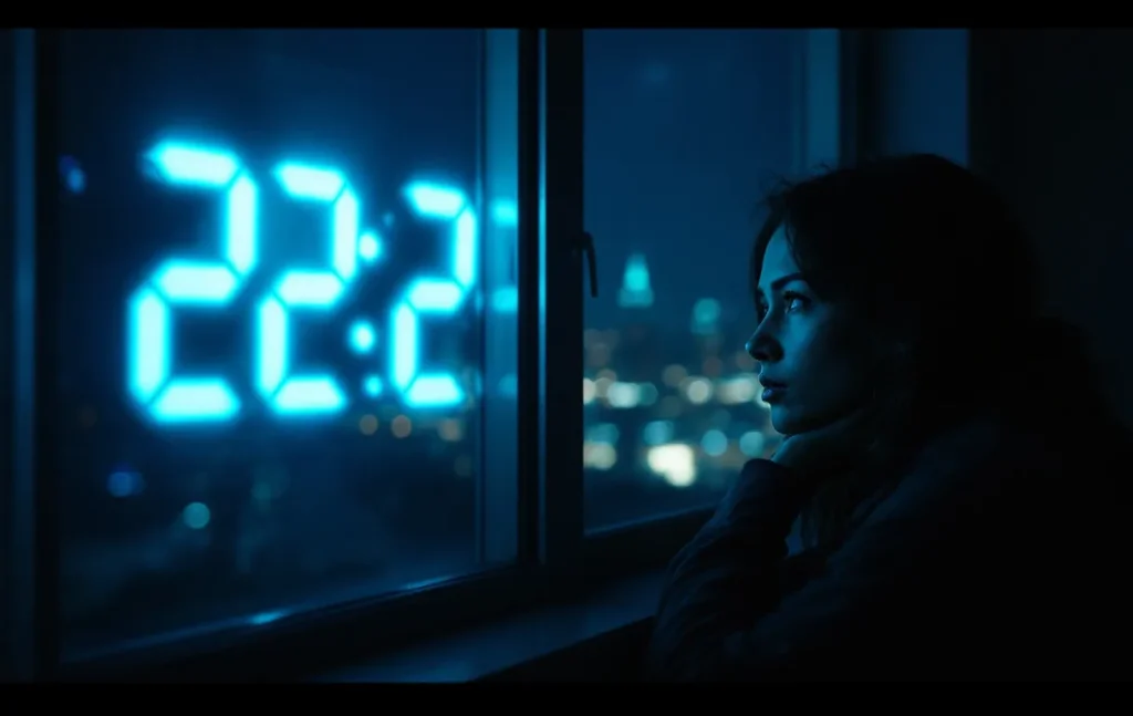 Une personne pensive regarde par la fenêtre dans la nuit, éclairée par la lueur d'une horloge numérique affichant 22:22.