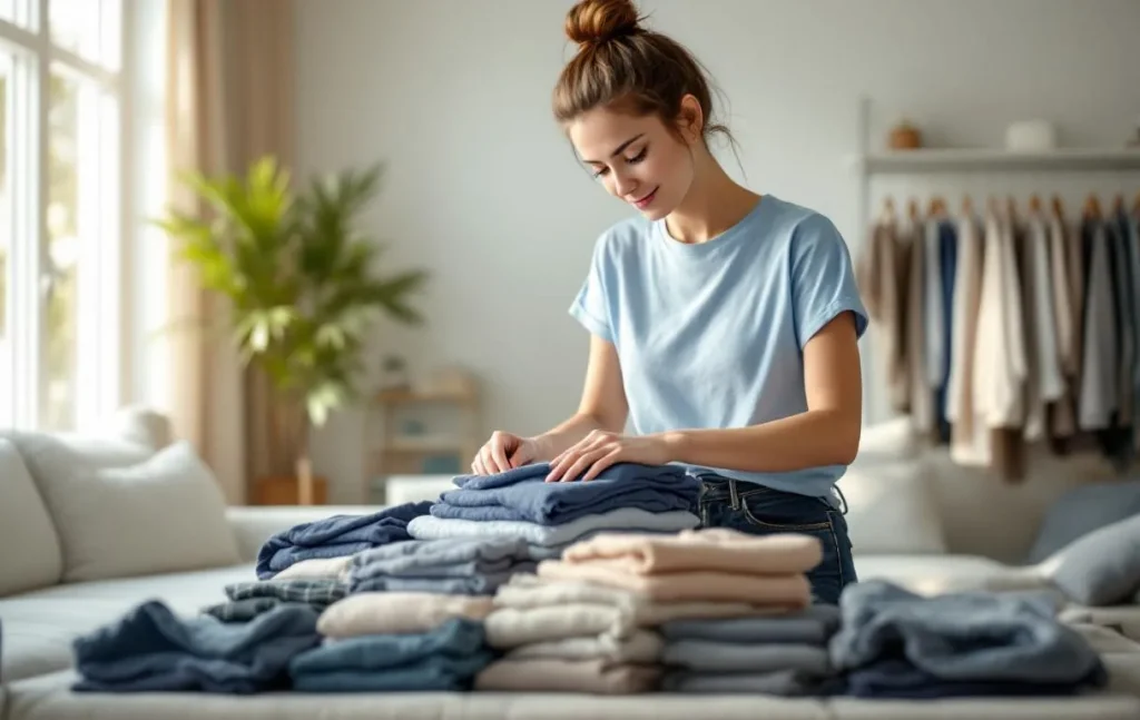Une jeune femme range des vêtements pliés dans un salon moderne baigné de lumière naturelle.