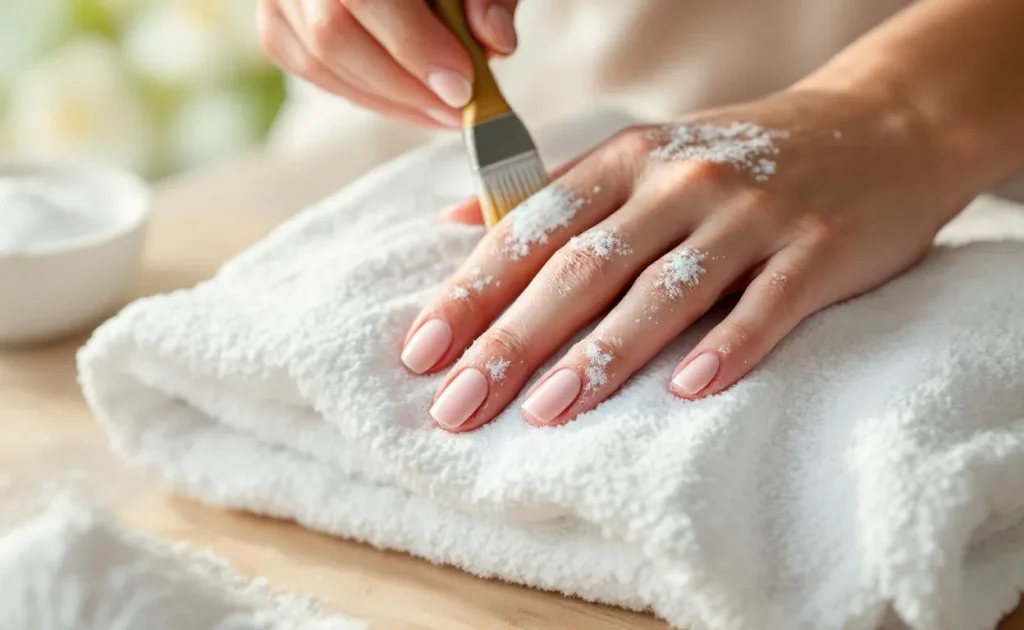 Des mains appliquent délicatement du bicarbonate de soude sur des ongles naturels propres posés sur une serviette blanche.