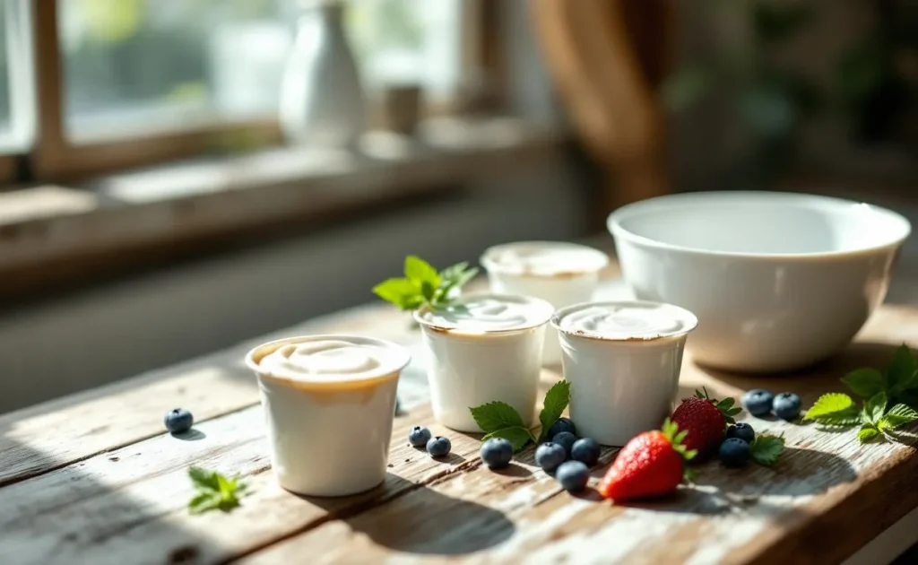 Des pots de yaourt ouverts et légèrement périmés sont posés sur une table rustique avec des fruits frais, des herbes et un saladier sous une lumière naturelle douce.