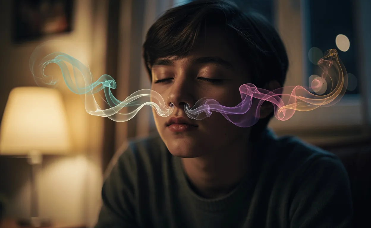 Une personne assise seule dans une pièce tamisée, les yeux fermés, entourée de volutes colorées évoquant un parfum mystérieux.