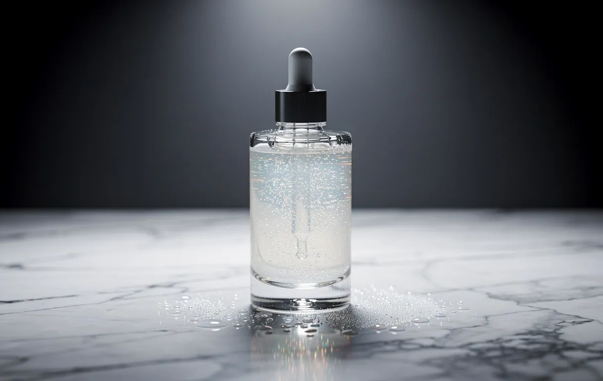 Flacon en verre rempli d’un sérum lumineux posé sur un marbre immaculé avec quelques gouttelettes d’eau sous une lumière douce.