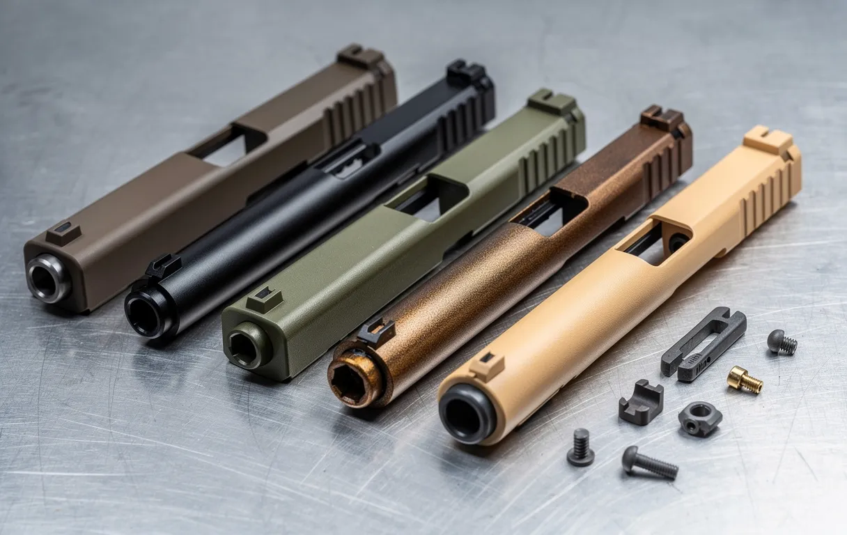 Des pièces d’arme à feu aux finitions céramiques variées et colorées sont alignées sur un établi métallique sous une lumière naturelle.