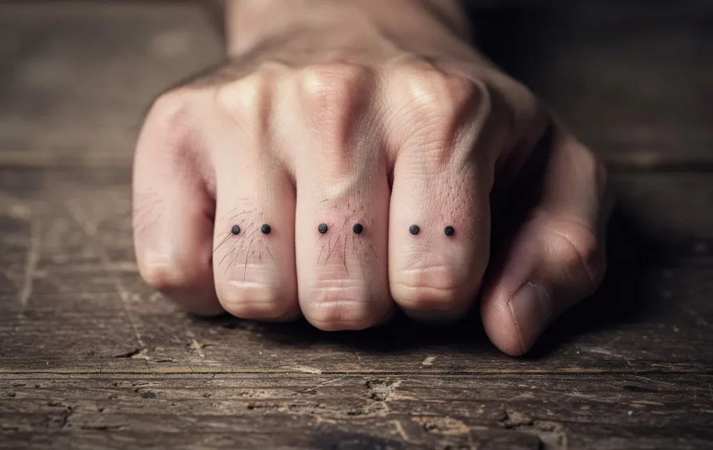 Main posée sur une table en bois usé, montrant quatre petits points tatoués en ligne sur les articulations.