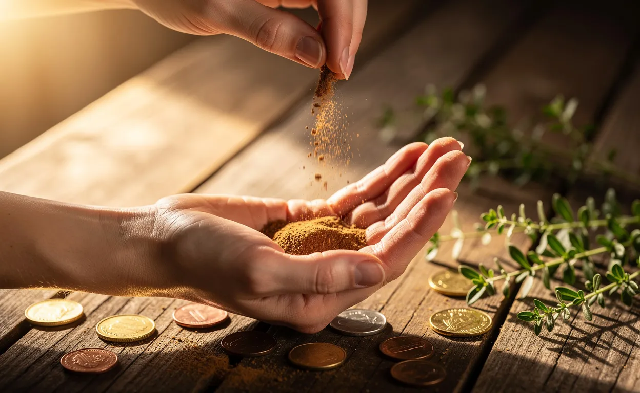 Une main saupoudre de la cannelle sur sa paume ouverte, entourée de quelques pièces et de rameaux verts sur une table en bois éclairée par une lumière dorée.