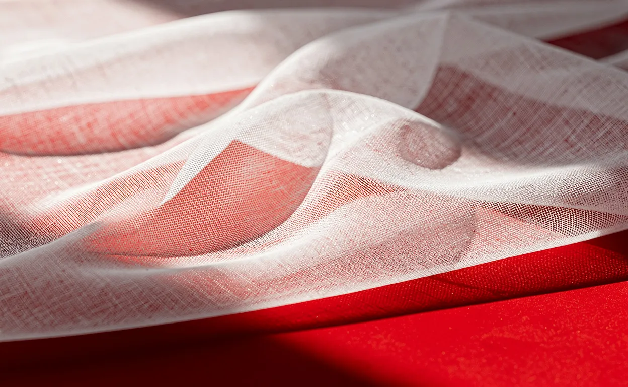 Un tissu rouge apparaît sous une étoffe blanche semi-transparente aux plis doux et ombres délicates.