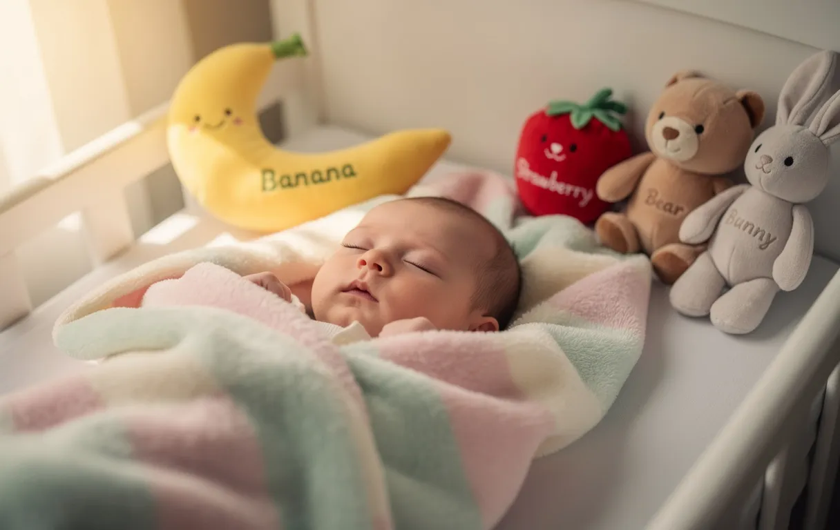 Un bébé endormi est emmailloté dans une couverture pastel, entouré de peluches en forme de fruits et d’animaux portant des noms brodés, sous une lumière douce du matin.