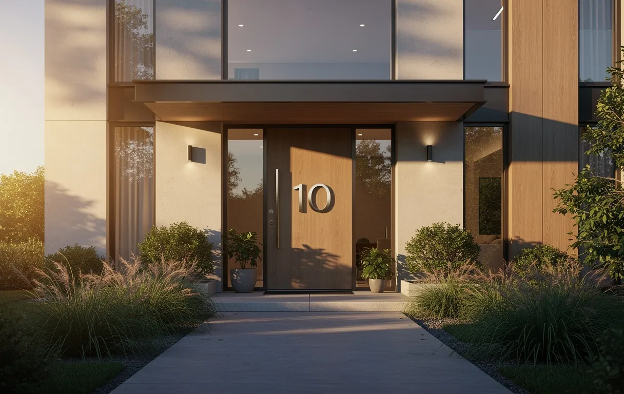 Maison moderne avec le numéro 10 sur la porte d’entrée, entourée de verdure et baignée de lumière du soir.