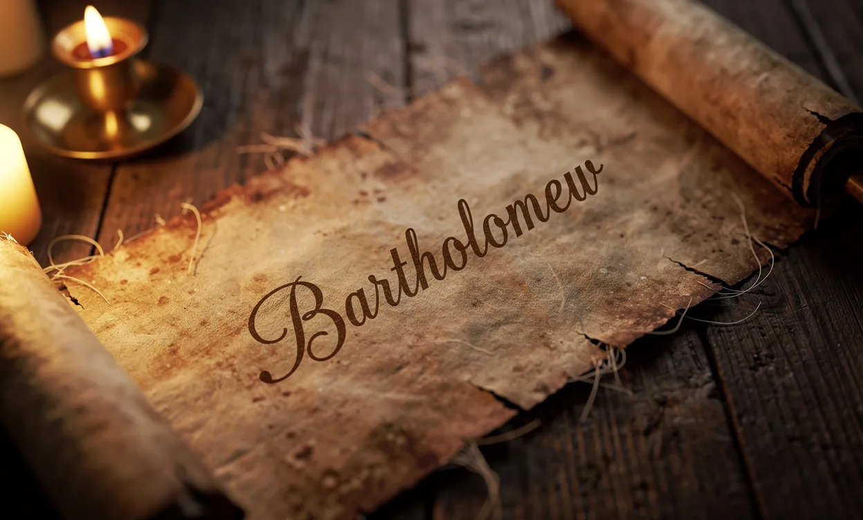 Un parchemin ancien déployé sur une table en bois, où le nom "Bartholomew" est inscrit en lettres latines sous une lumière dorée de bougie.
