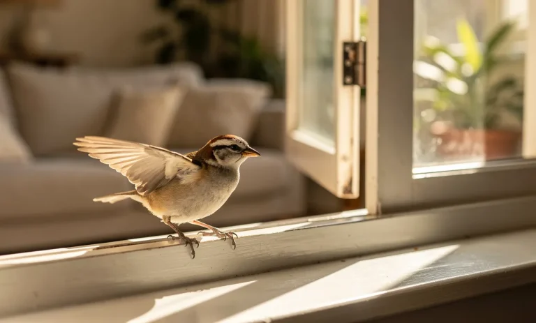 Un petit oiseau posé sur un rebord de fenêtre ensoleillé semble hésiter à entrer dans un salon baigné de lumière douce.