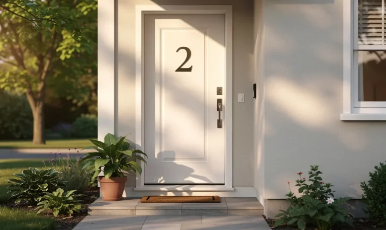 Porte d’entrée accueillante avec le chiffre 2, baignée de lumière et entourée de feuillage.