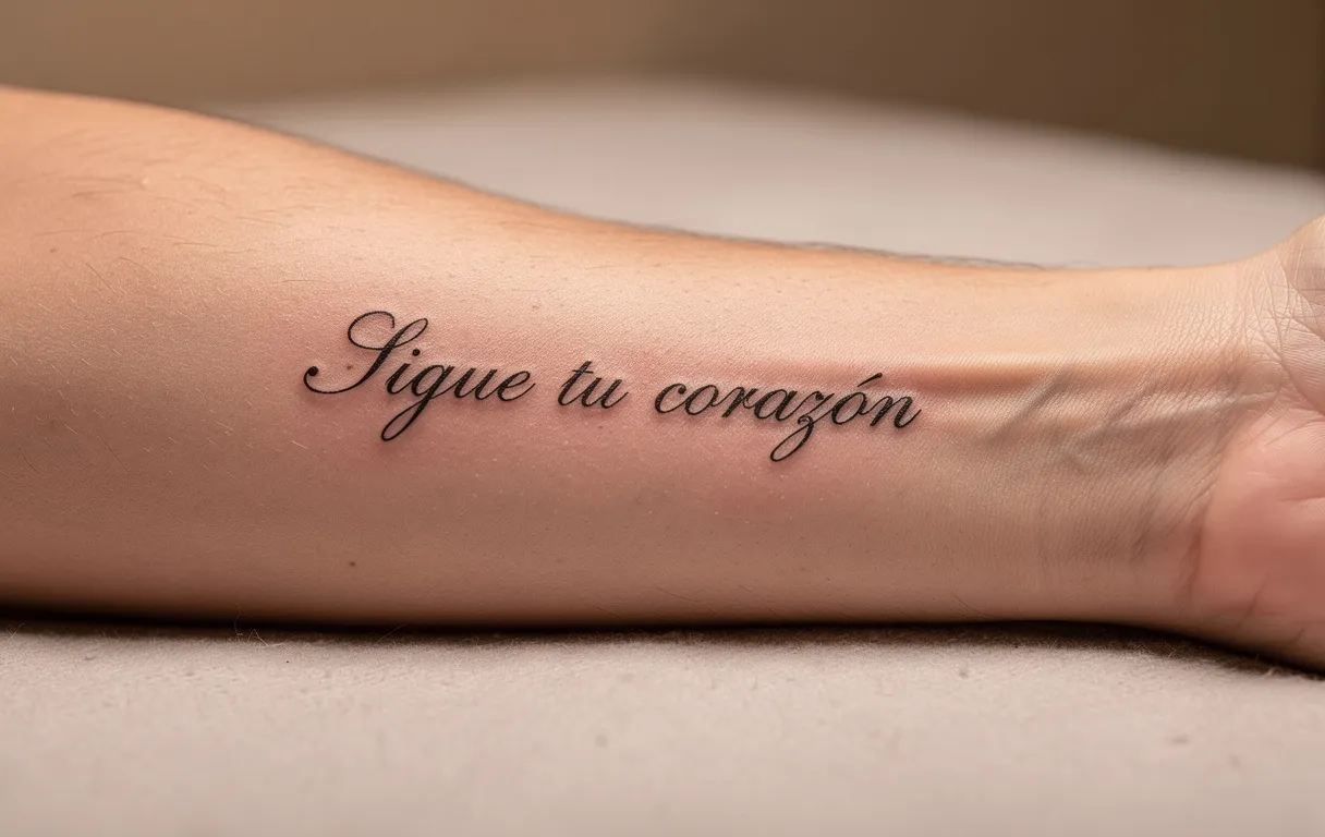 Avant-bras en gros plan avec une phrase espagnole tatouée en écriture élégante, éclairée par une lumière douce et entourée d’ombres délicates.