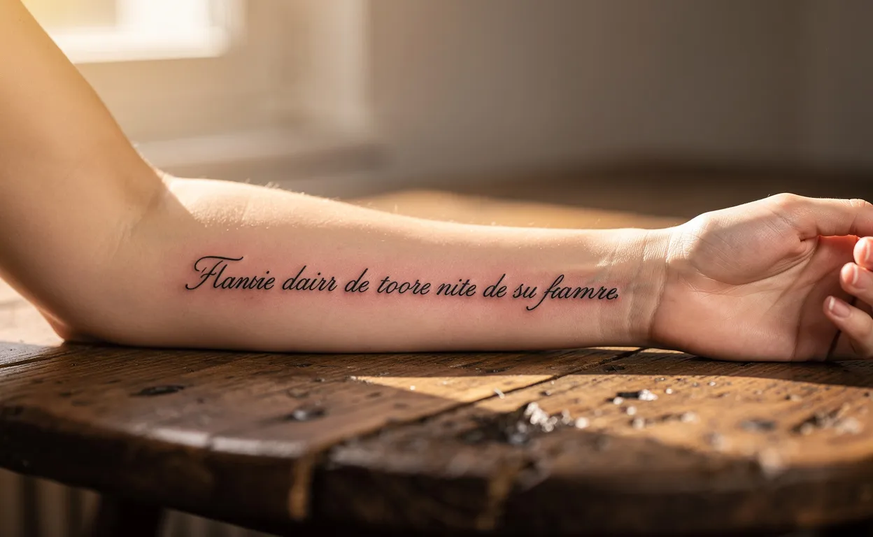 Avant-bras d’une femme posé sur une table en bois, orné d’un tatouage en écriture française et baigné de lumière naturelle.
