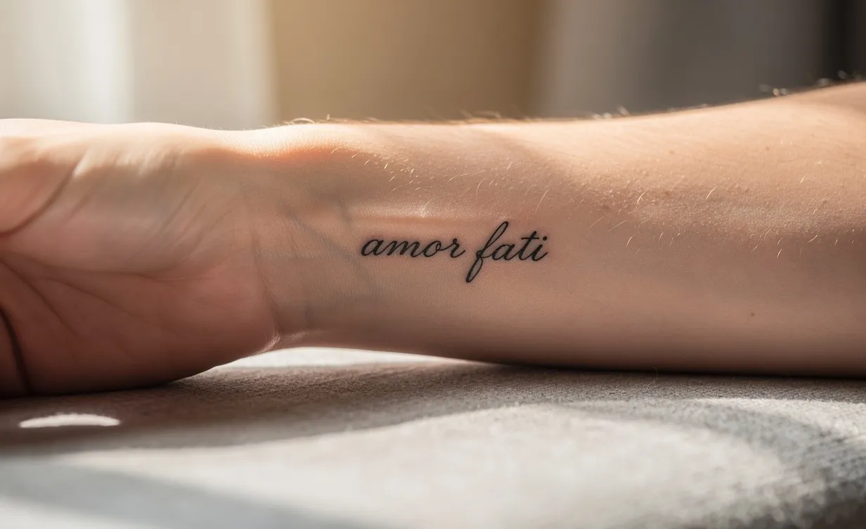 Avant-bras délicat orné d’un tatouage minimaliste en latin, mis en valeur par une lumière douce et des tons neutres.