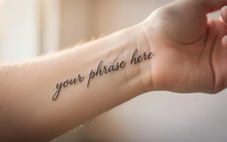 Gros plan sur un poignet délicat orné d’une phrase manuscrite tatouée, mis en valeur par une lumière naturelle douce.