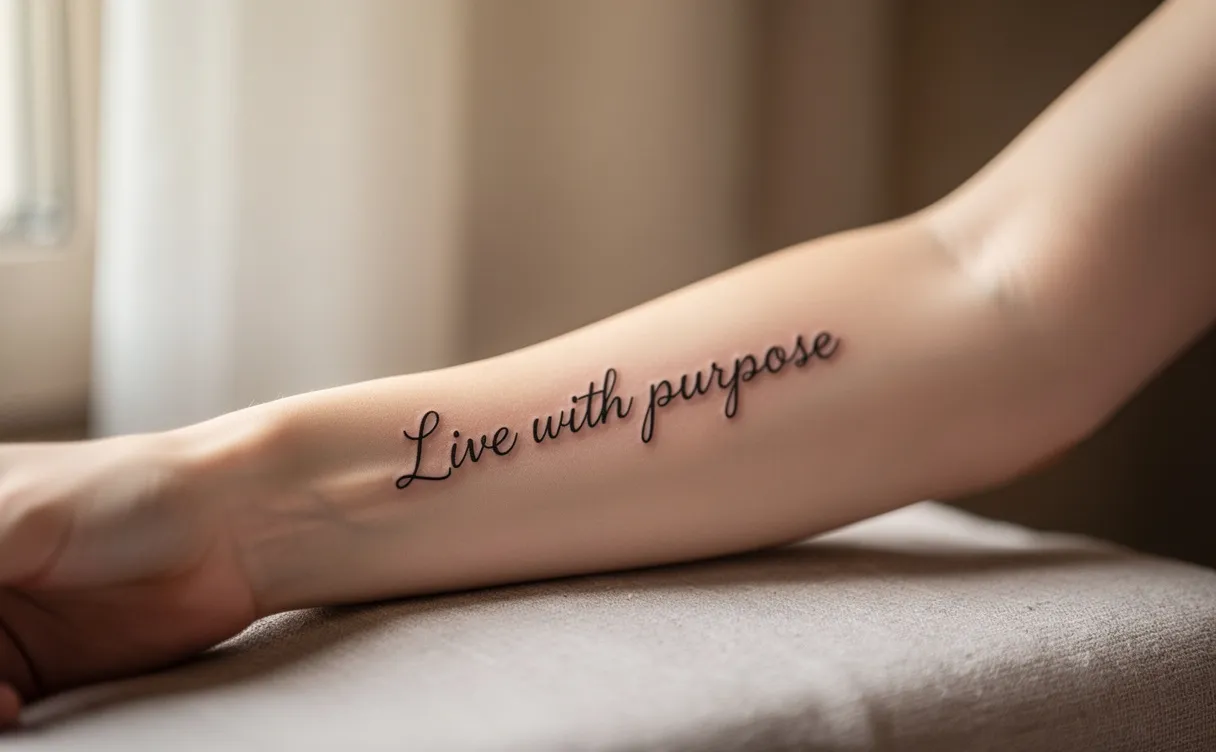 Avant-bras délicat tatoué d’une phrase en écriture élégante, éclairé par une lumière naturelle douce.