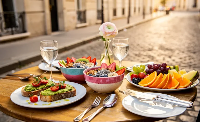 Table de brunch en plein air sur une rue parisienne calme avec smoothie bowls colorés, toasts à l’avocat, fruits frais et vaisselle élégante sous une douce lumière matinale.