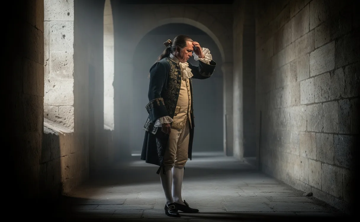 Un homme élégant en habit français ancien se tient seul dans un couloir de pierre sombre, la main sur le front, exprimant la tristesse.