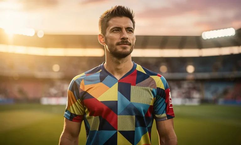 Un joueur de football pose dans un stade baigné de lumière dorée, vêtu d’un maillot moderne de la Coupe du monde 2026.