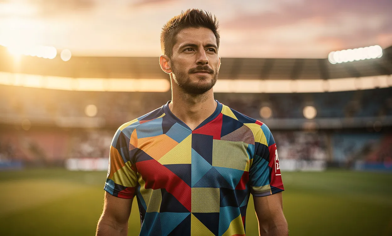 Un joueur de football pose dans un stade baigné de lumière dorée, vêtu d’un maillot moderne de la Coupe du monde 2026.