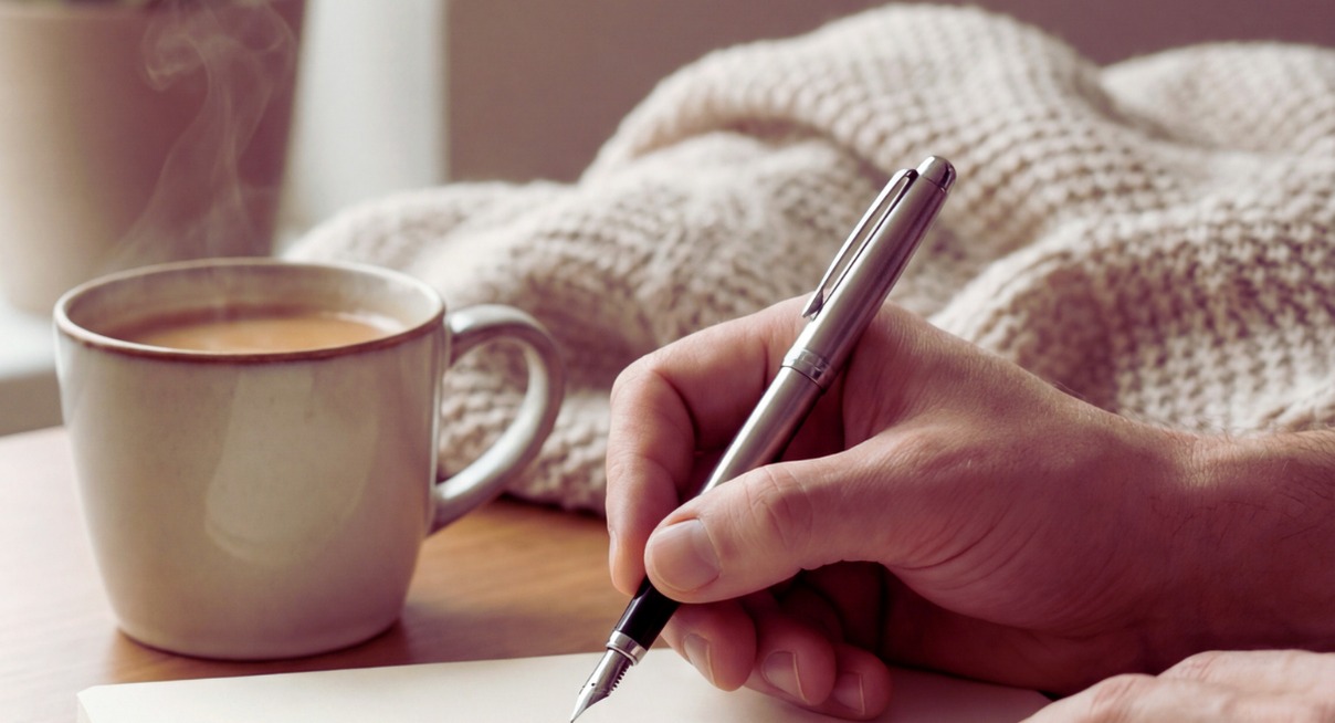 Main ecrivant au stylo plume sur un carnet pres d une tasse de cafe